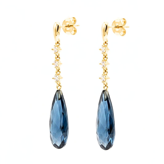 Pendientes Acero inoxidable dorado chapado oro 14ktes circonitas blancas engastadas y azul gota cierre presion largo volumen boda diseño joyería osnor moda moderno fiesta fashion glamour lujo elegante diario boda 