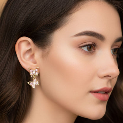 Pendientes Mariposa Acero Chapados orocon Circonitas Rosa y Blanca | Colgante 18mm