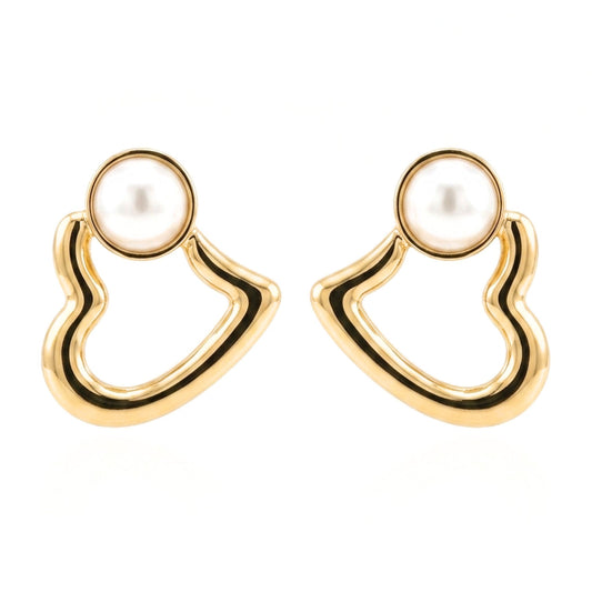 Pendientes Acero inoxidable dorado chapado oro 14ktes Perla liso brillo corazón calado diseño joyería osnor moda moderno elegante boda fiesta glamour lujo mujer diferente 