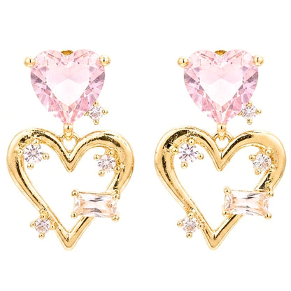 Pendientes Acero inoxidable dorado chapado oro 14ktes diseño de joyería moda moderno elegante boda fiesta fashion glamour lujo elegante diario Circonitas blancas y rosa corazón cierre presion 