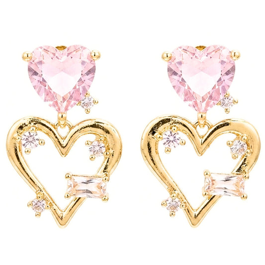 Pendientes Acero inoxidable dorado chapado oro 14ktes diseño de joyería moda moderno elegante boda fiesta fashion glamour lujo elegante diario Circonitas blancas y rosa corazón cierre presion 