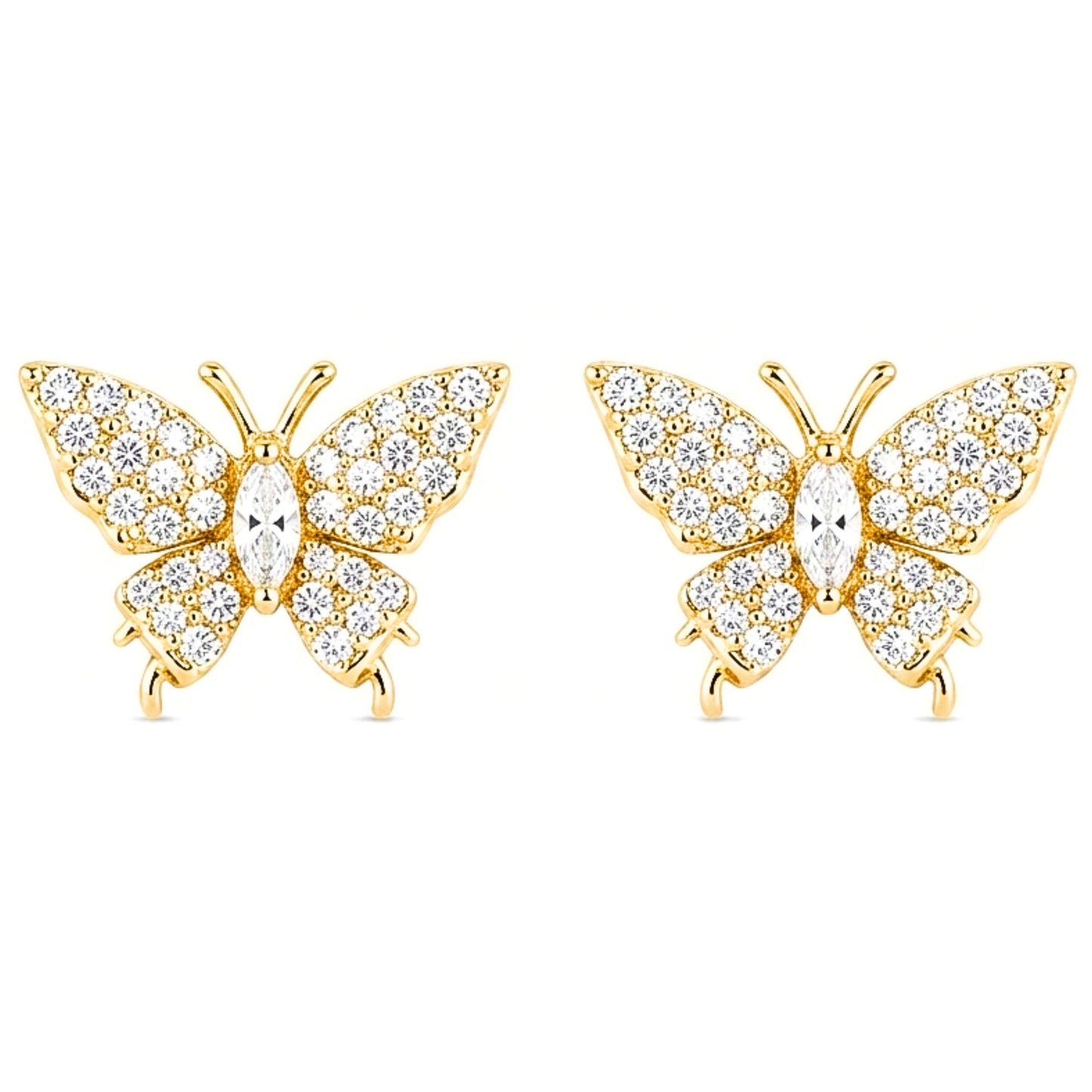 Pendientes Acero inoxidable dorado chapado oro 14ktes cierre presion diseño joyería osnor moda moderno elegante boda fiesta glamour lujo mujer diferente mariposa circonitas blancas 