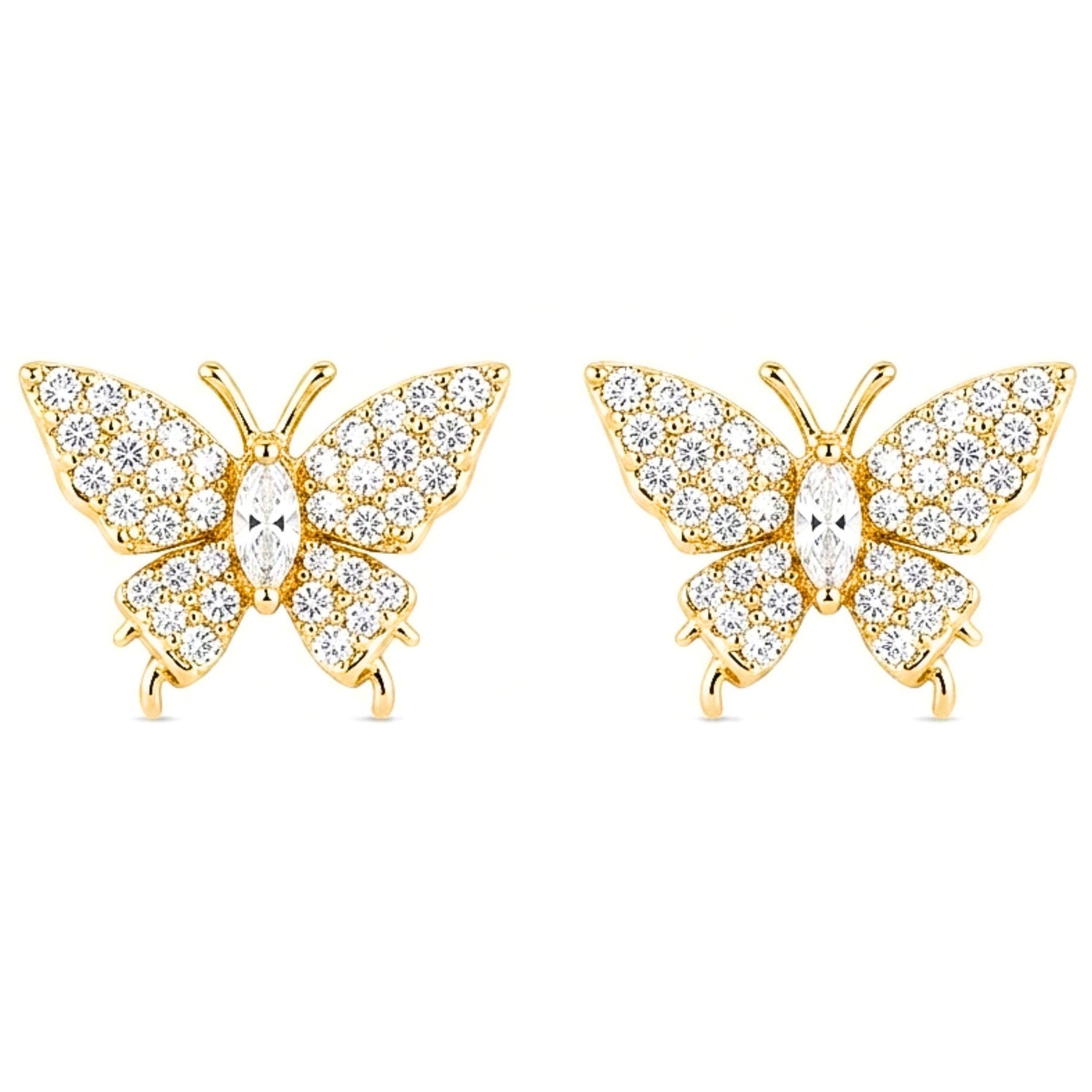 Pendientes Acero inoxidable dorado chapado oro 14ktes cierre presion diseño joyería osnor moda moderno elegante boda fiesta glamour lujo mujer diferente mariposa circonitas blancas 