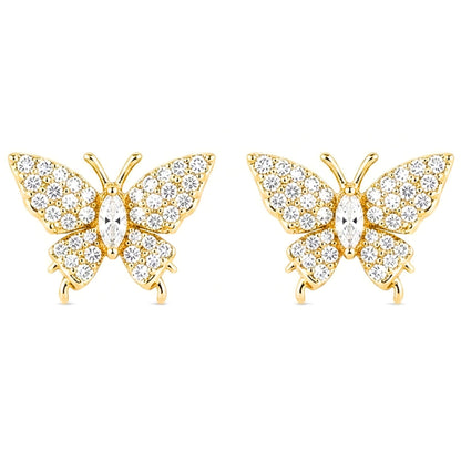 Pendientes Acero inoxidable dorado chapado oro 14ktes cierre presion diseño joyería osnor moda moderno elegante boda fiesta glamour lujo mujer diferente mariposa circonitas blancas 