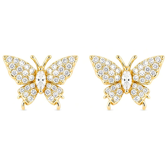 Pendientes Acero inoxidable dorado chapado oro 14ktes cierre presion diseño joyería osnor moda moderno elegante boda fiesta glamour lujo mujer diferente mariposa circonitas blancas 