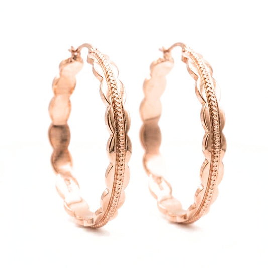 Pendientes Acero inoxidable oro rosa labrado brillo volumen moda moderno elegante boda fiesta fashion glamour lujo mujer aros argollas diseño joyería osnor moda 