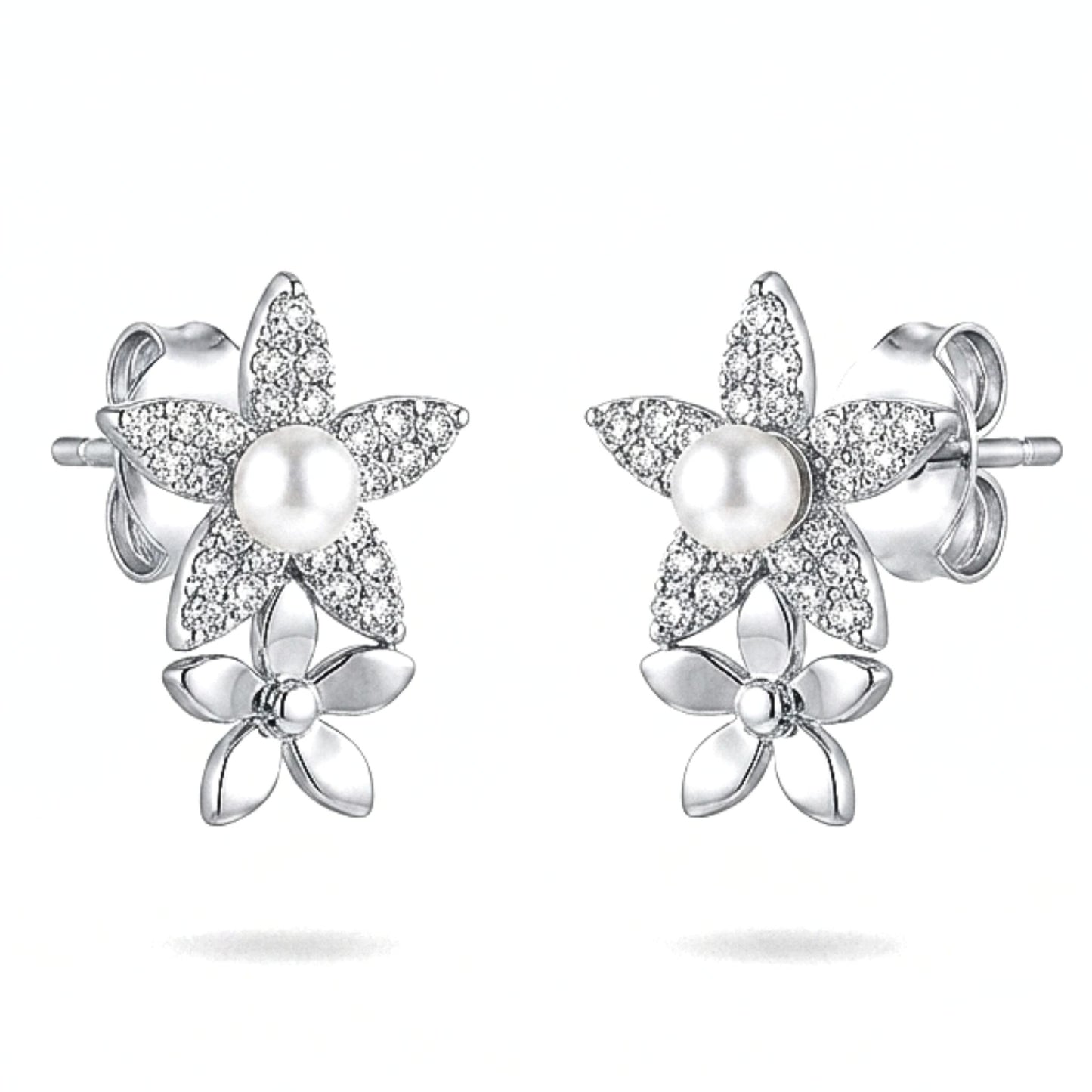 Pendientes Acero inoxidable plateado flor circonitas blancas cierre presion largo volumen diseño joyería osnor moda moderno elegante boda fiesta fashion glamour 