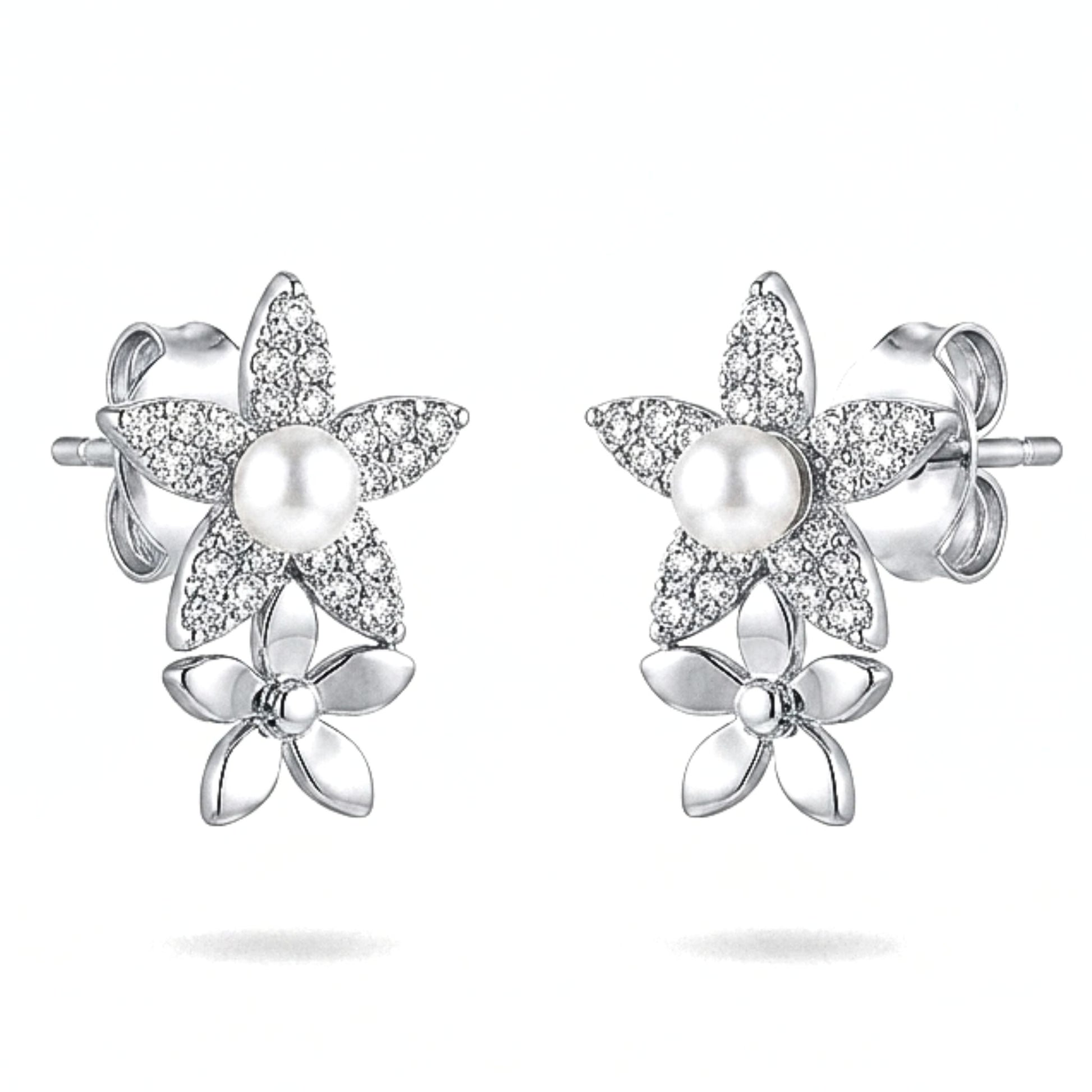 Pendientes Acero inoxidable plateado flor circonitas blancas cierre presion largo volumen diseño joyería osnor moda moderno elegante boda fiesta fashion glamour 
