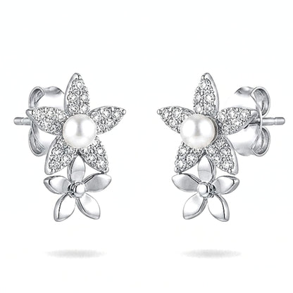 Pendientes Acero inoxidable plateado flor circonitas blancas cierre presion largo volumen diseño joyería osnor moda moderno elegante boda fiesta fashion glamour 