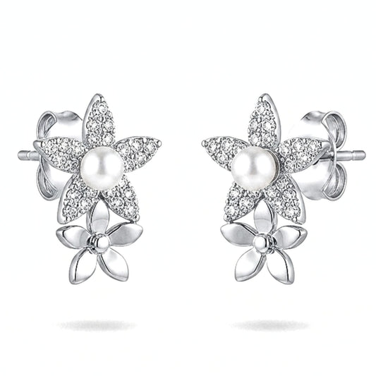 Pendientes Acero inoxidable plateado flor circonitas blancas cierre presion largo volumen diseño joyería osnor moda moderno elegante boda fiesta fashion glamour 