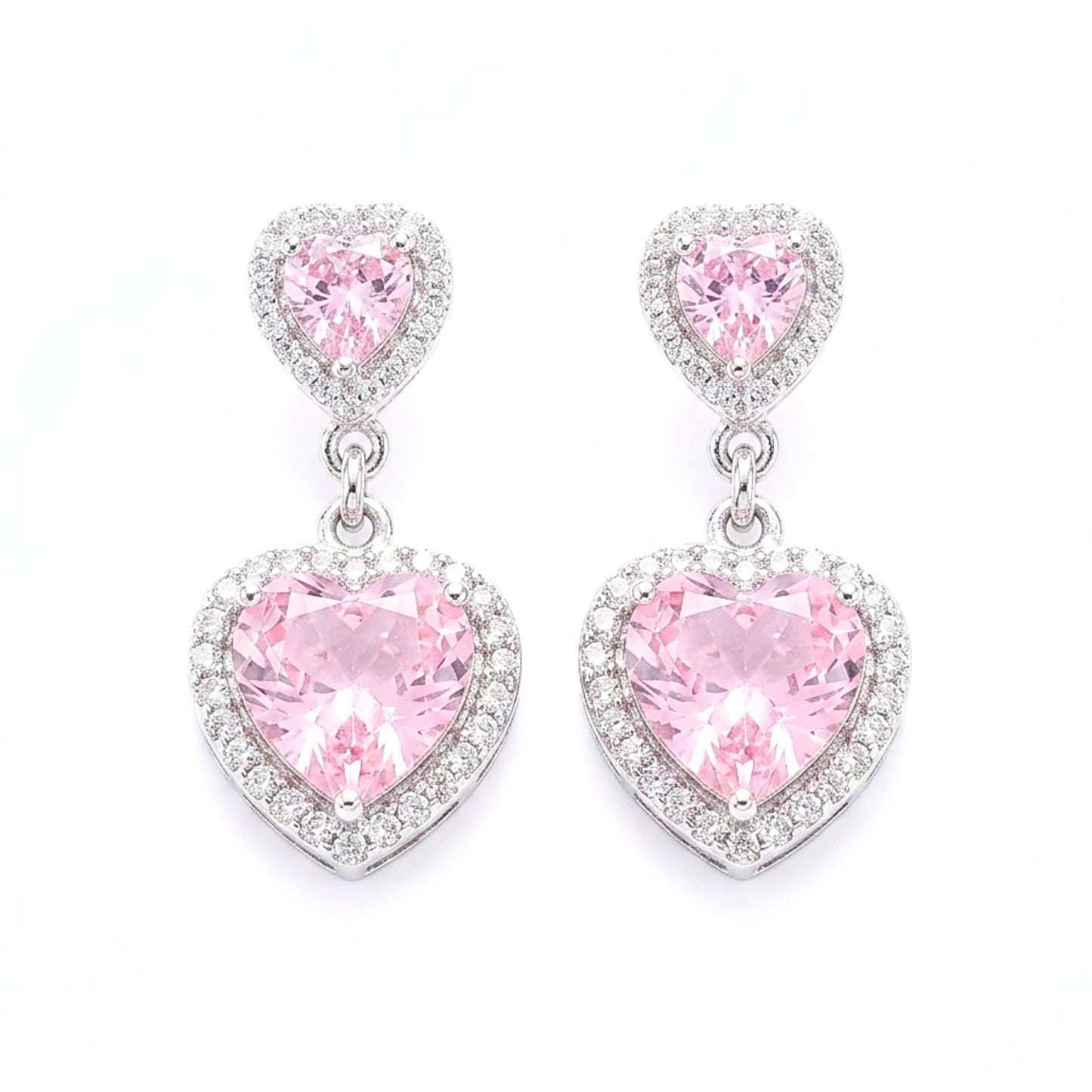 Pendientes de acero inoxidable plateado mujer circonitas blancas y rosas corazón largos diseño de joyería moda moderno fiesta fashion glamour lujo elegante diario boda osnor 