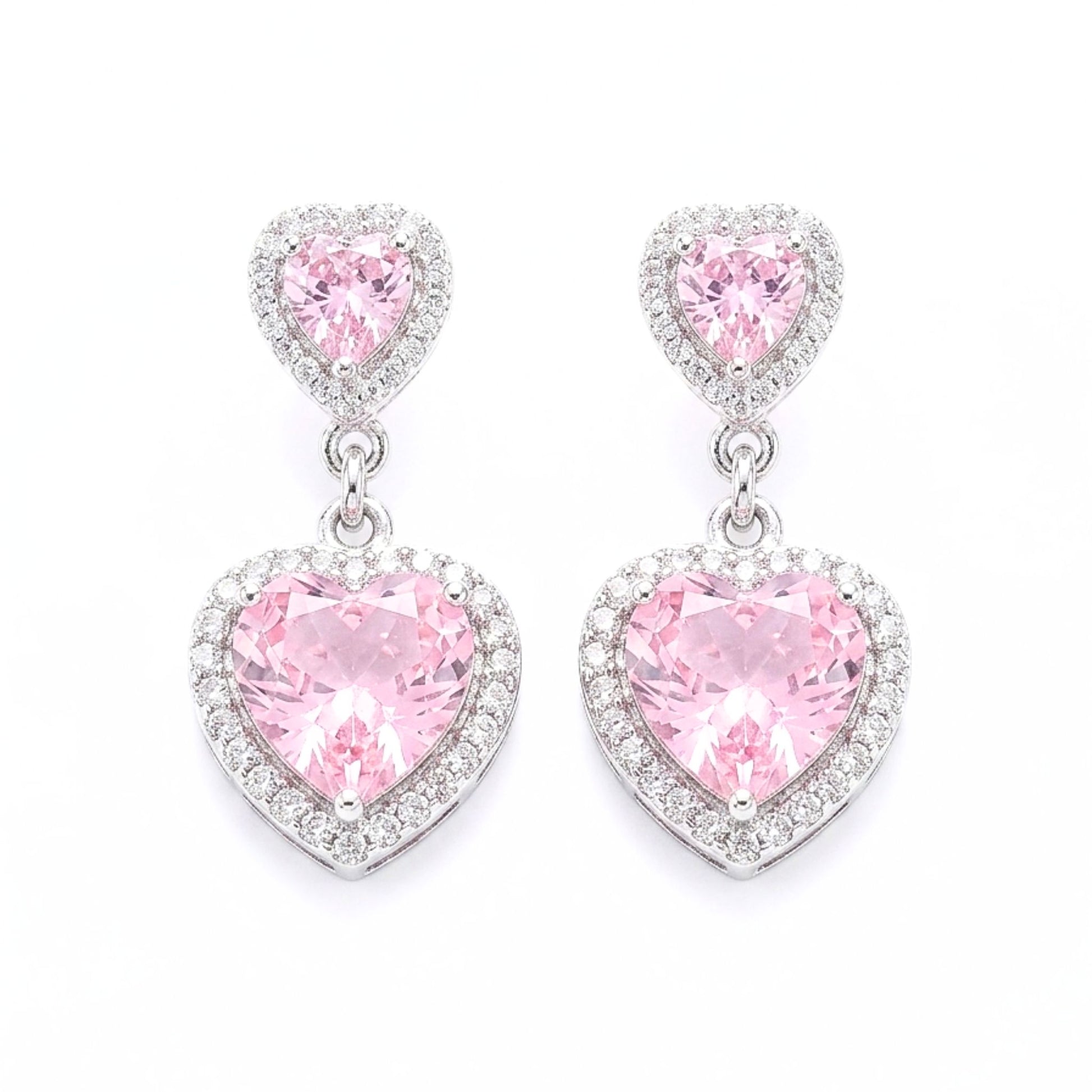 Pendientes de acero inoxidable plateado mujer circonitas blancas y rosas corazón largos diseño de joyería moda moderno fiesta fashion glamour lujo elegante diario boda osnor 