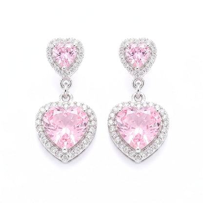 Pendientes de acero inoxidable plateado mujer circonitas blancas y rosas corazón largos diseño de joyería moda moderno fiesta fashion glamour lujo elegante diario boda osnor 