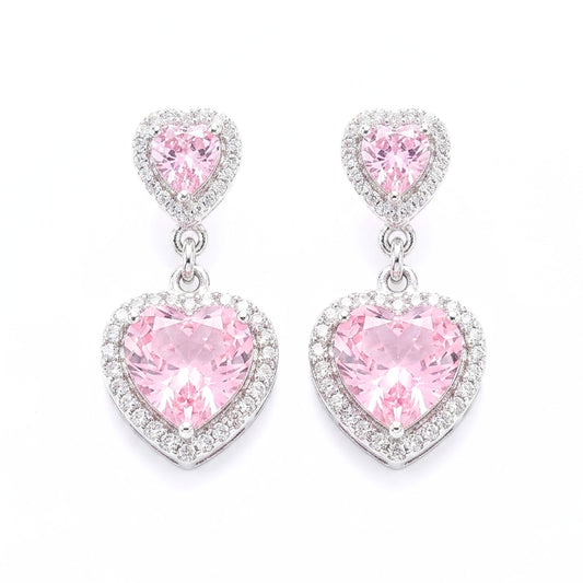Pendientes de acero inoxidable plateado mujer circonitas blancas y rosas corazón largos diseño de joyería moda moderno fiesta fashion glamour lujo elegante diario boda osnor 