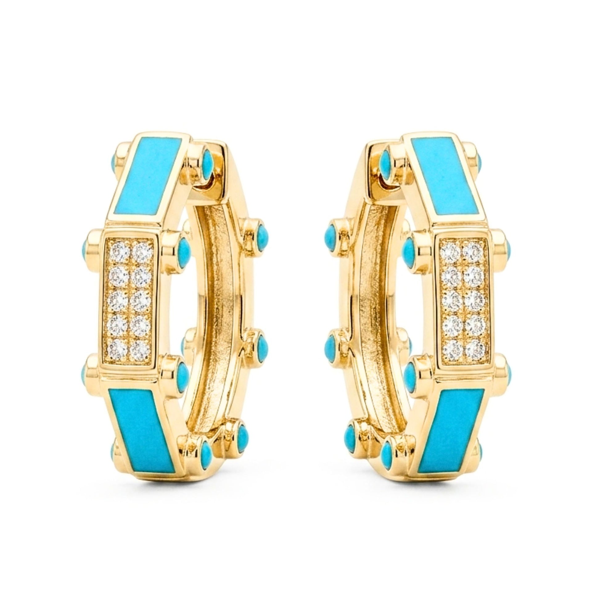 Pendiente aros de acero inoxidable dorado chapado oro 14ktes circonitas blancas engastadas diseño joyería osnor moda moderno elegante boda fiesta glamour lujo turquesa 
