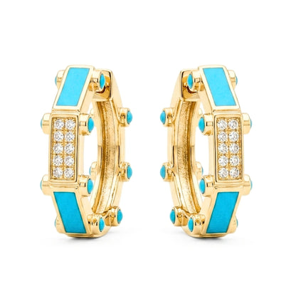 Pendiente aros de acero inoxidable dorado chapado oro 14ktes circonitas blancas engastadas diseño joyería osnor moda moderno elegante boda fiesta glamour lujo turquesa 