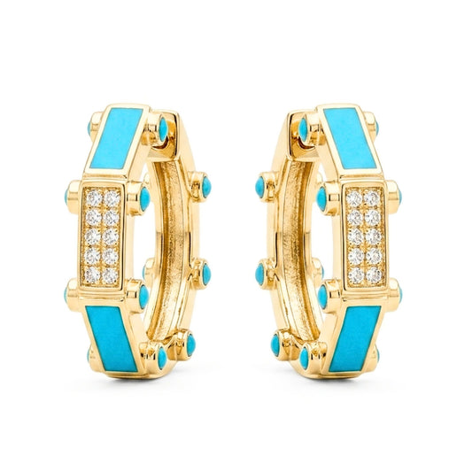 Pendiente aros de acero inoxidable dorado chapado oro 14ktes circonitas blancas engastadas diseño joyería osnor moda moderno elegante boda fiesta glamour lujo turquesa 
