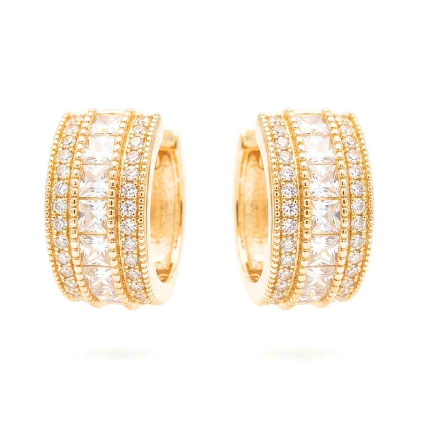 Pendientes aros acero inoxidable dorado chapado oro 14ktes circonitas blancas engastadas diseño joyería osnor mujer