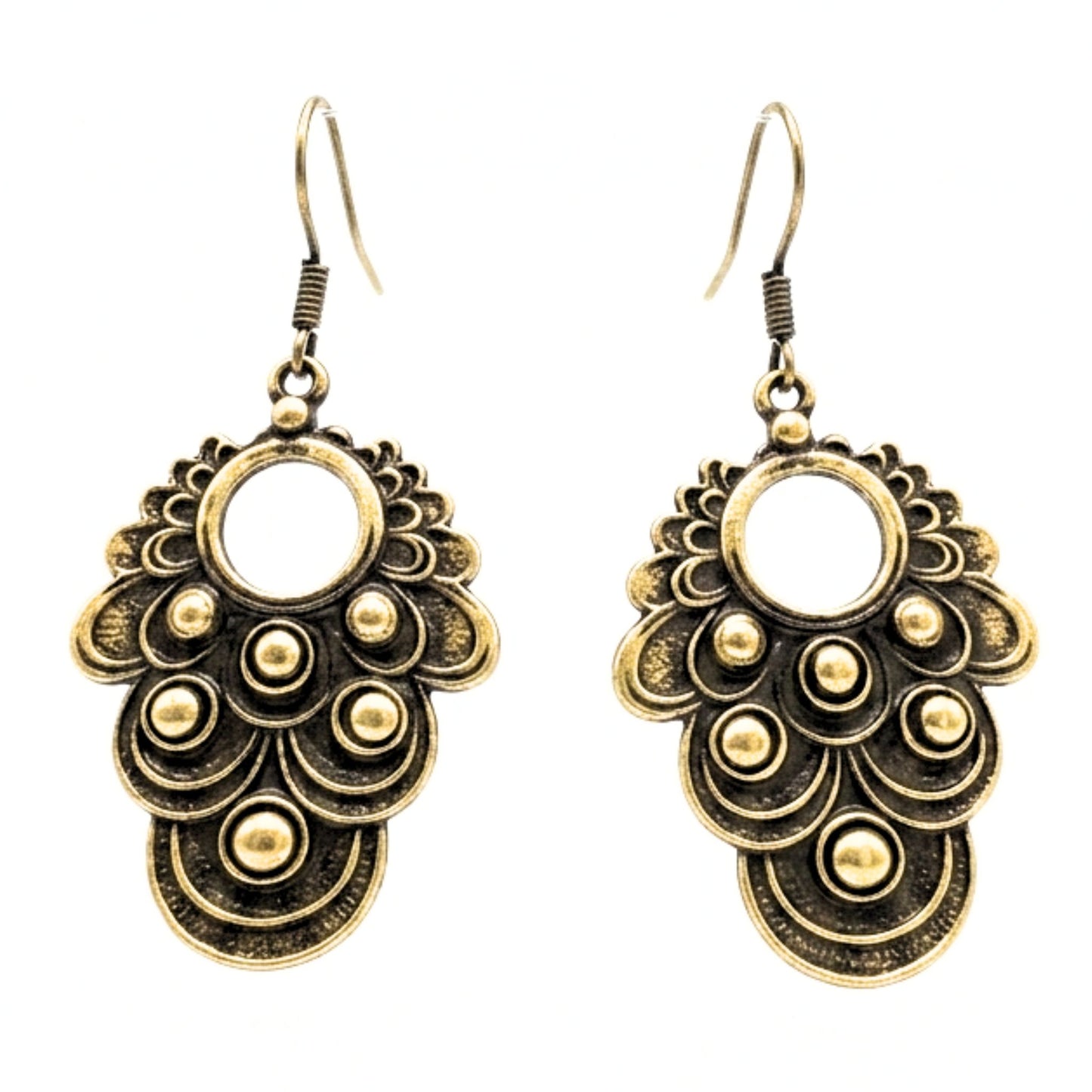 Pendientes de bronce dorado envejecido vintage volumen arte escultura artesanía exclusivo único diseño joyería osnor moda moderno elegante boda fiesta glamour lujo elegante diario 