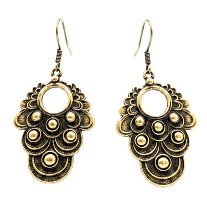 Pendientes de bronce dorado envejecido vintage volumen arte escultura artesanía exclusivo único diseño joyería osnor moda moderno elegante boda fiesta glamour lujo elegante diario 
