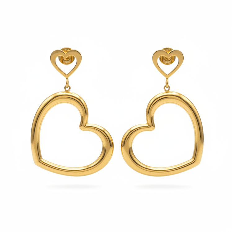 Pendientes corazón fondo blanco acero dorado diseño joyeria osnor