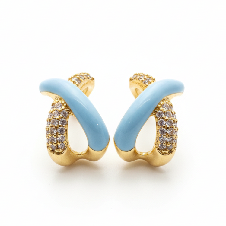 Pendientes fondo blanco acero chapado oro 14ktes. ceramica azul joyeria osnor