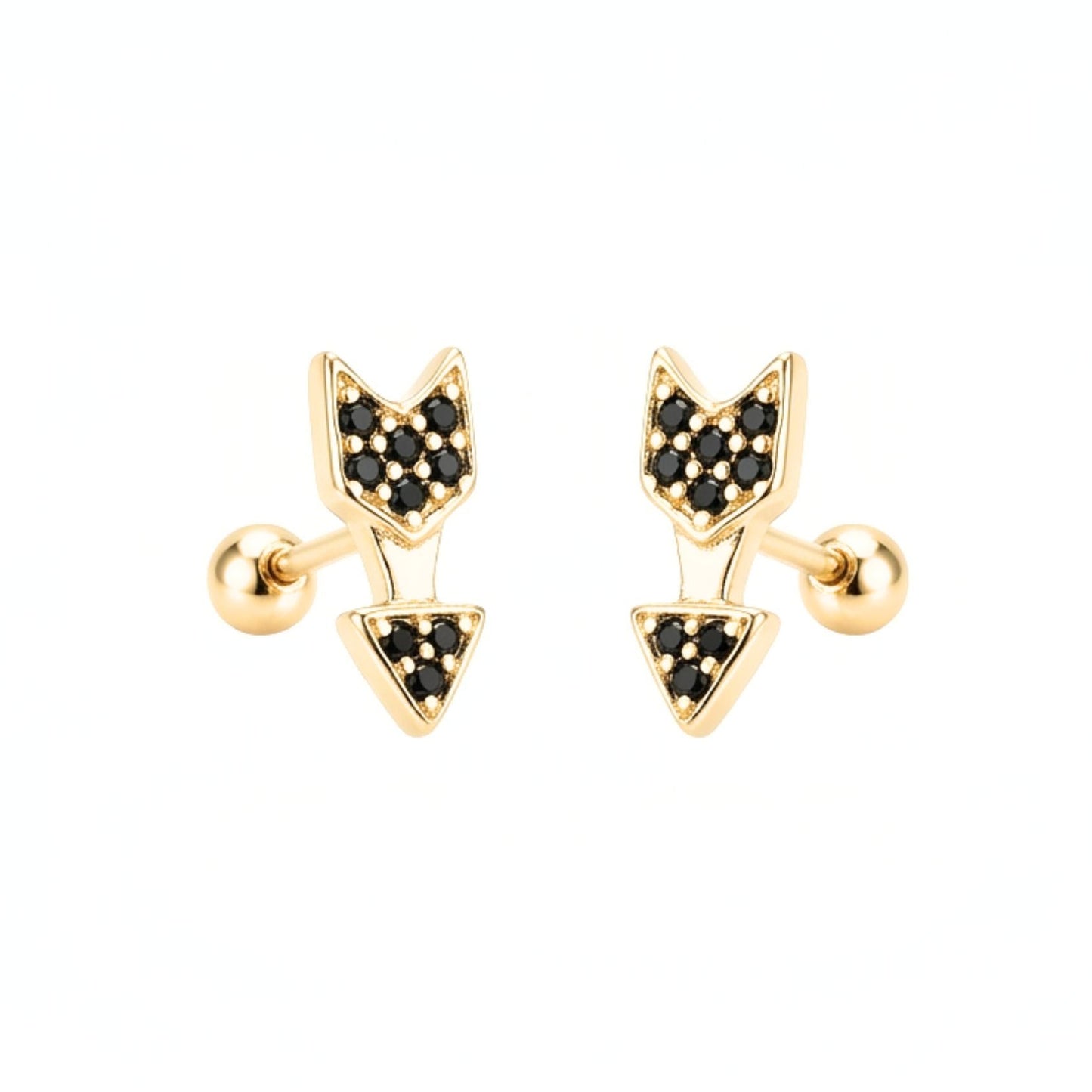 Pendientes de plata baño de oro dorados diseño joyería osnor flecha Circonitas negras engastadas niña bebe adolescente 