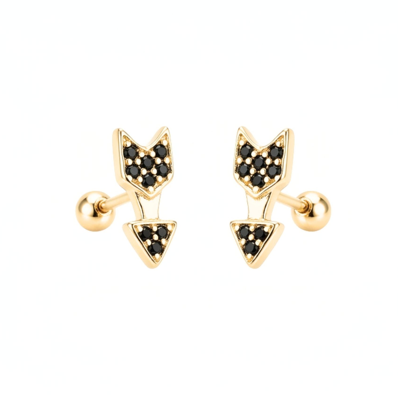 Pendientes de plata baño de oro dorados diseño joyería osnor flecha Circonitas negras engastadas niña bebe adolescente 