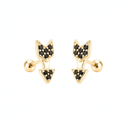 Pendientes de plata baño de oro dorados diseño joyería osnor flecha Circonitas negras engastadas niña bebe adolescente 