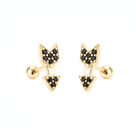 Pendientes de plata baño de oro dorados diseño joyería osnor flecha Circonitas negras engastadas niña bebe adolescente 