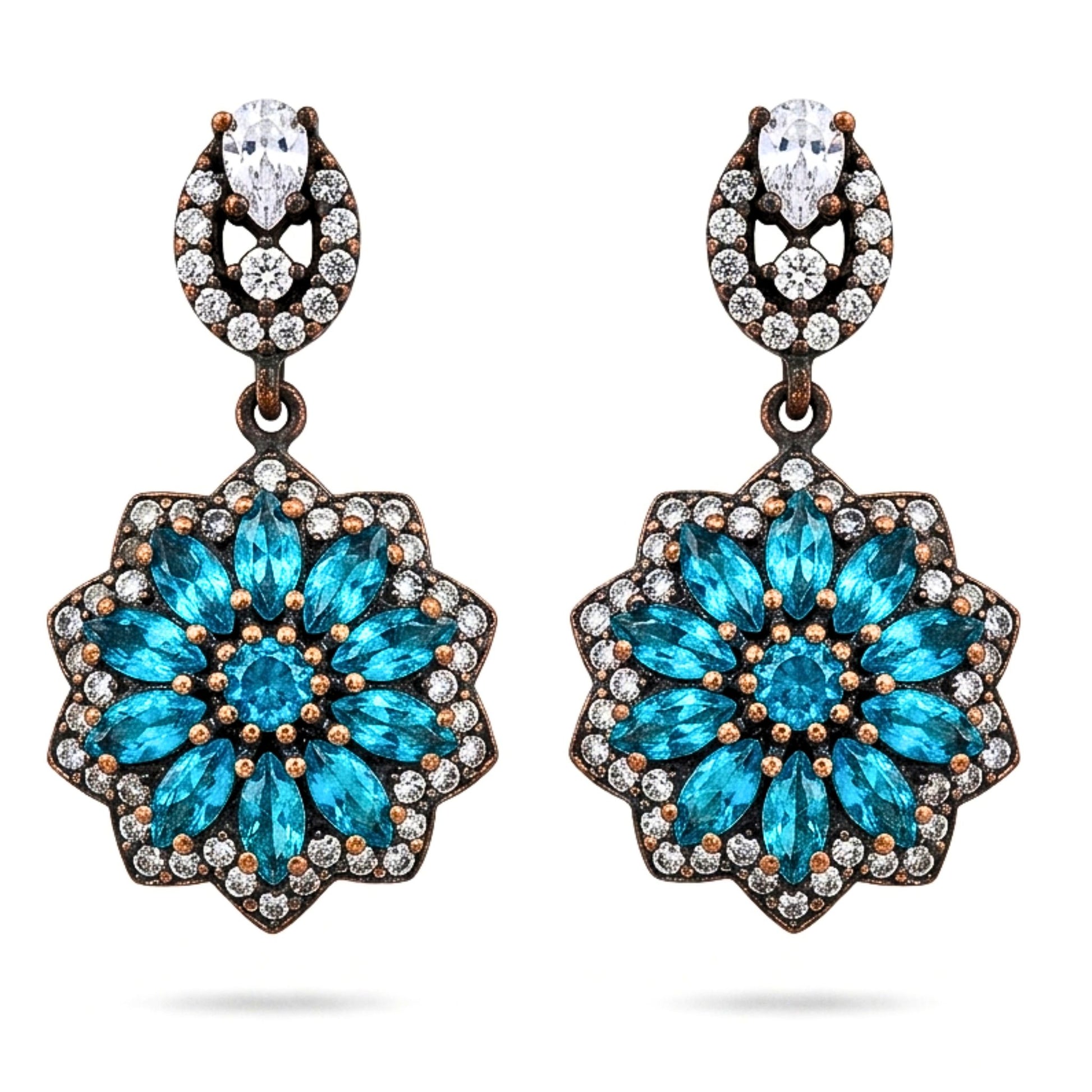 Pendientes de plata y bronce Circonitas blancas piedras naturales minerales cierre presion largo volumen diseño joyería osnor moda moderno elegante boda fiesta glamour lujo elegante diario exclusivo 