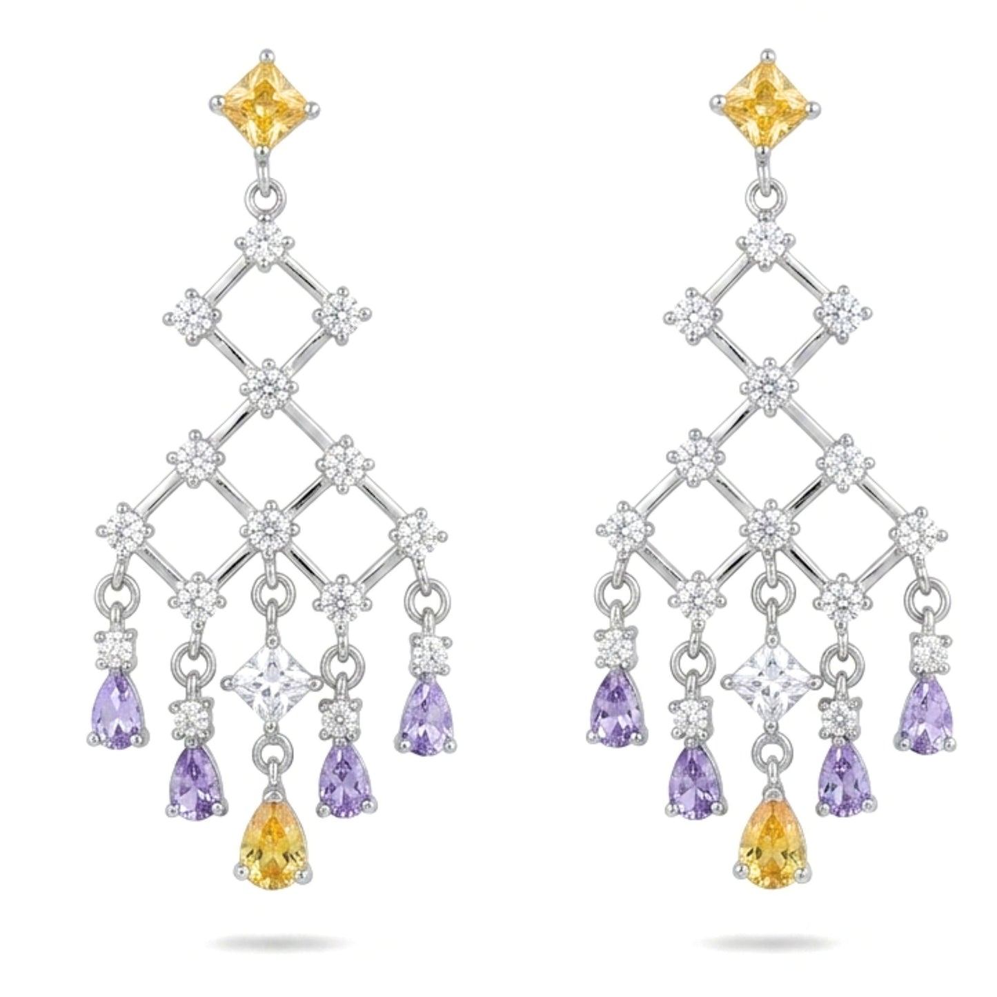 Pendientes Plata con rodio y Circonitas cierre presion largo volumen diseño joyería osnor moda moderno elegante boda fiesta glamour lujo exclusivo único 