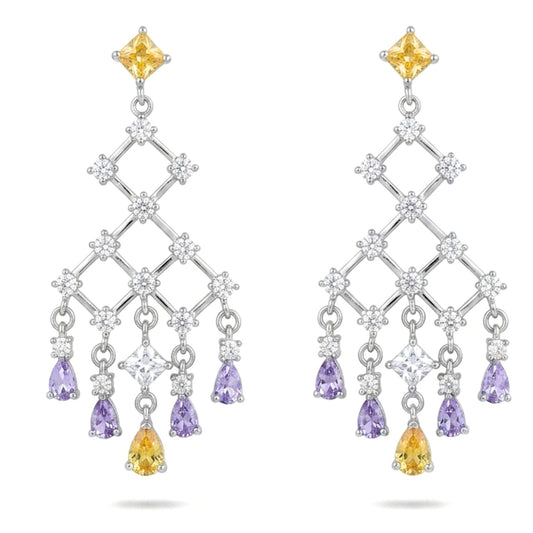 Pendientes Plata con rodio y Circonitas cierre presion largo volumen diseño joyería osnor moda moderno elegante boda fiesta glamour lujo exclusivo único 
