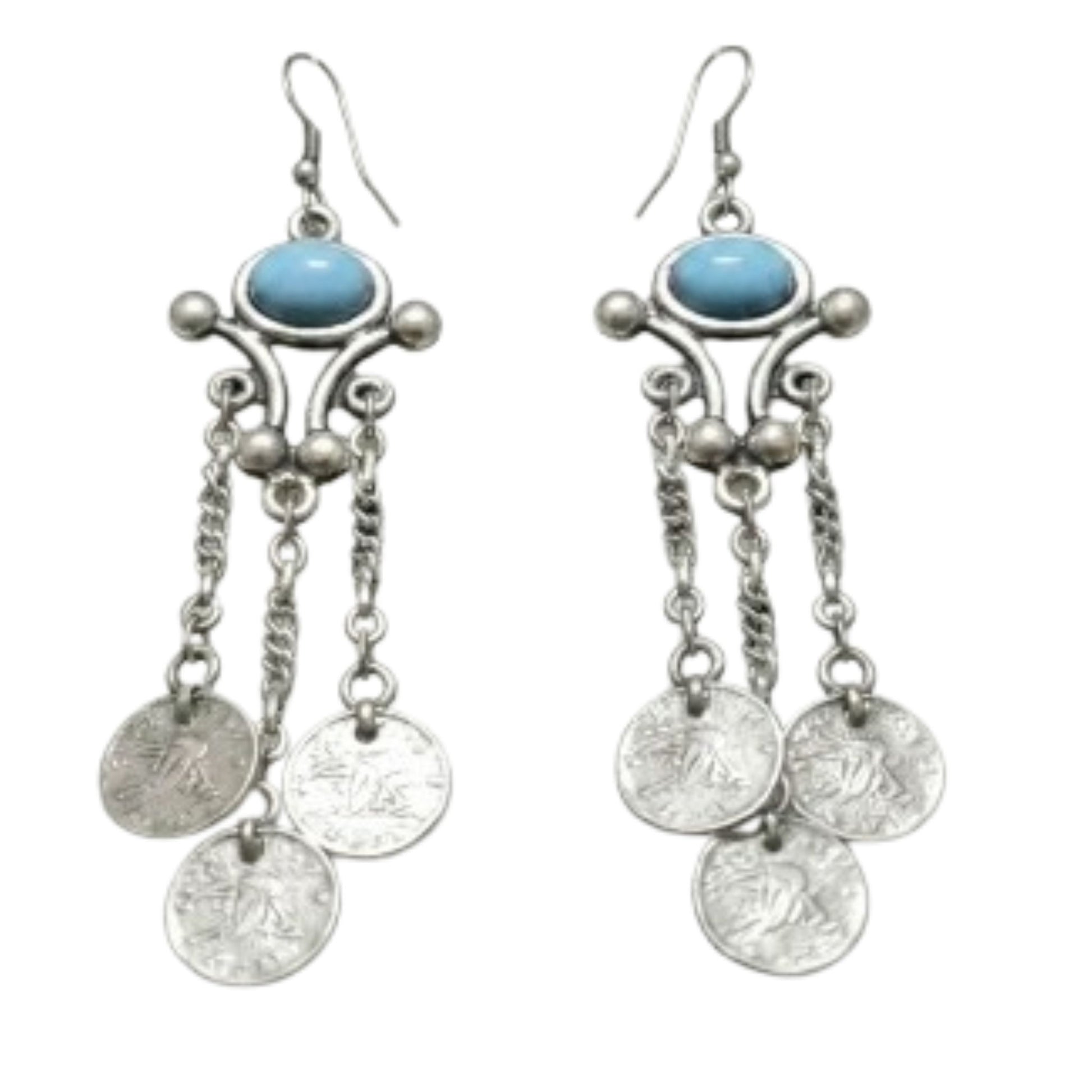 Pendientes Largos Zamak con Piedra Turquesa y Monedas Colgantes. Joyeria Osnor