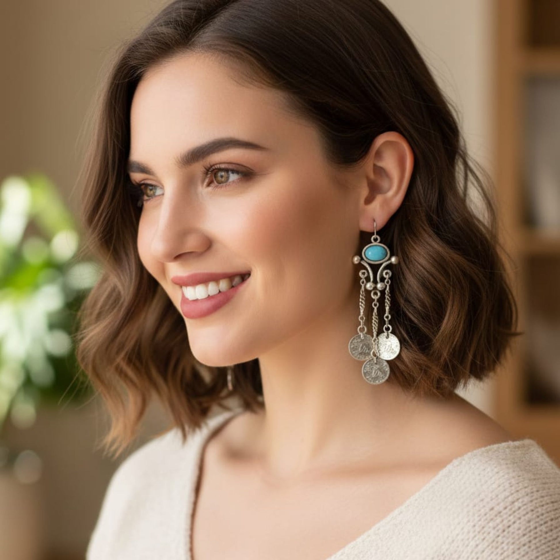 Modelo con pendientes largos zamak Joyería Osnor cierre hippie - 10.5cm