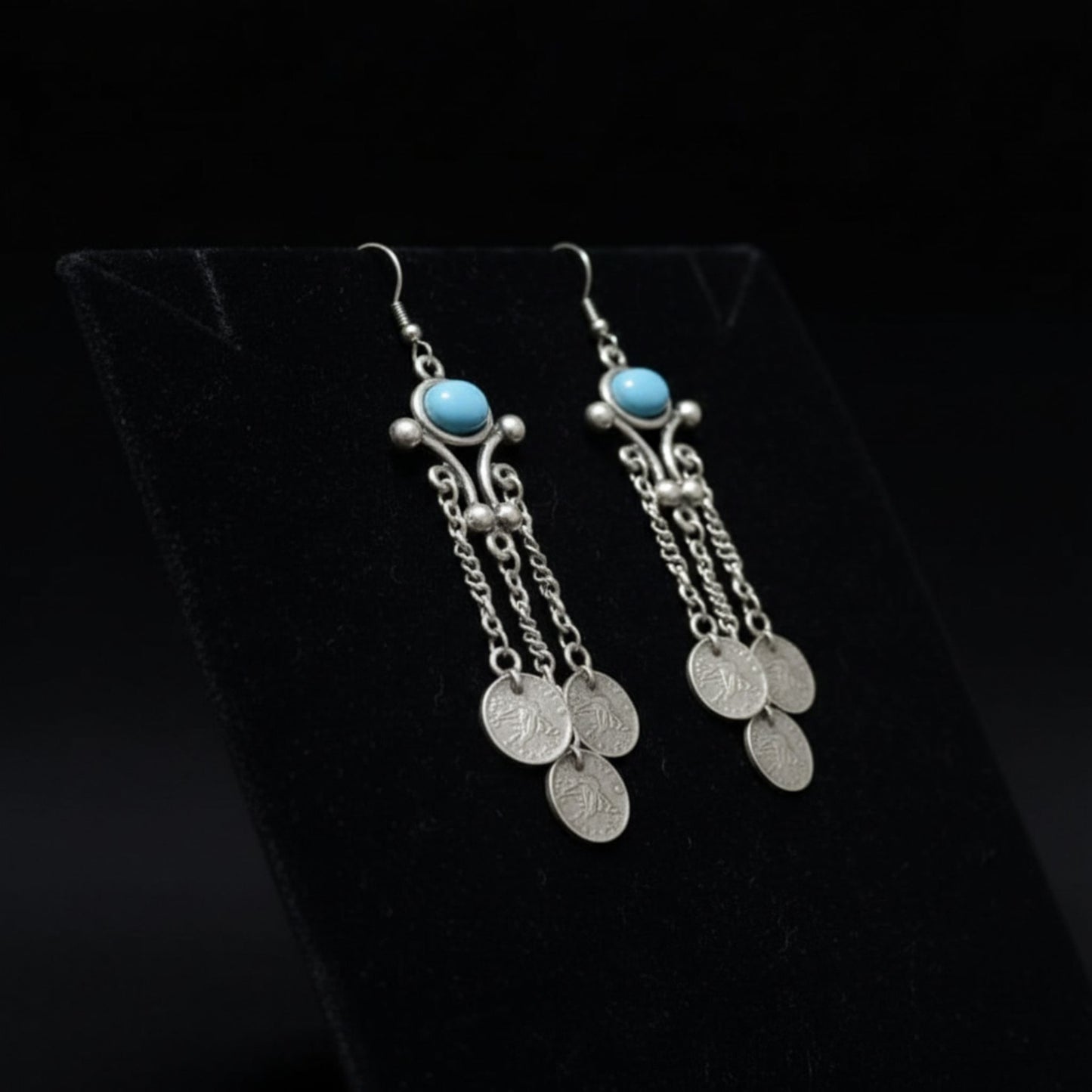 Pendientes Largos Zamak con Piedra Azul Turquesa y Monedas