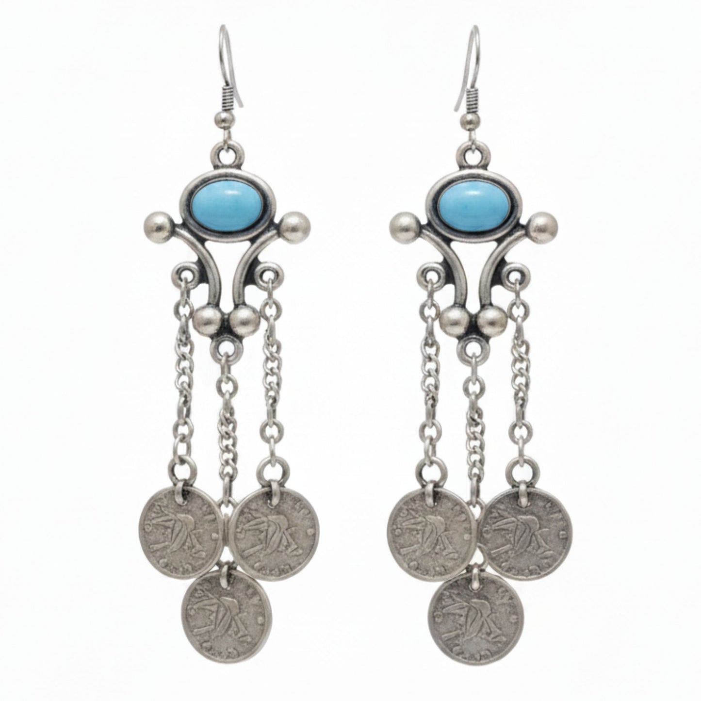Pendientes Largos Zamak con Piedra Turquesa y Monedas Colgantes. Joyeria Osnor