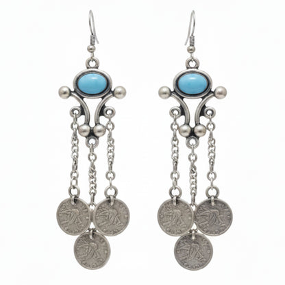 Pendientes Largos Zamak con Piedra Turquesa y Monedas Colgantes. Joyeria Osnor