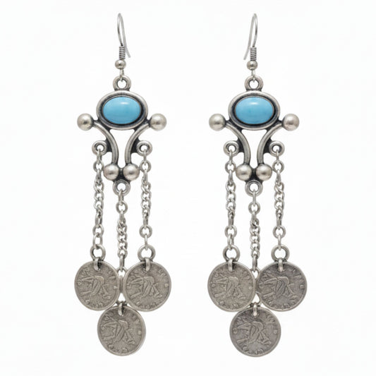 Pendientes Largos Zamak con Piedra Turquesa y Monedas Colgantes. Joyeria Osnor