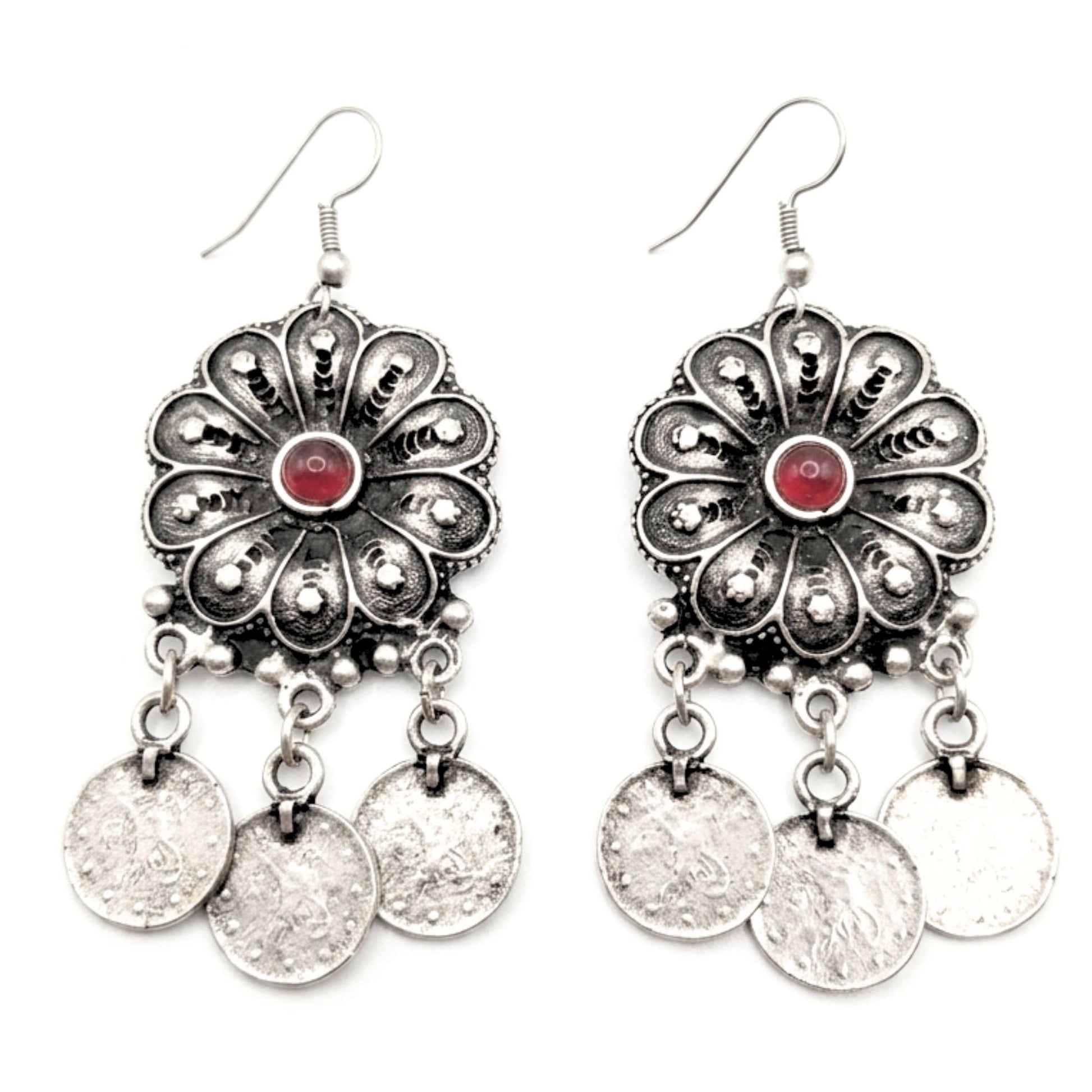 Pendientes de zamak mujer volumen hipoalergénico plateado aleación cierre hippie piedra roja diseño joyería osnor moda moderno elegante boda fiesta glamour lujo exclusivo único mujer monedas colgante 