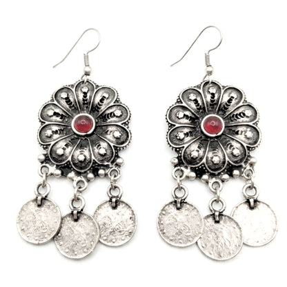 Pendientes de zamak mujer volumen hipoalergénico plateado aleación cierre hippie piedra roja diseño joyería osnor moda moderno elegante boda fiesta glamour lujo exclusivo único mujer monedas colgante 