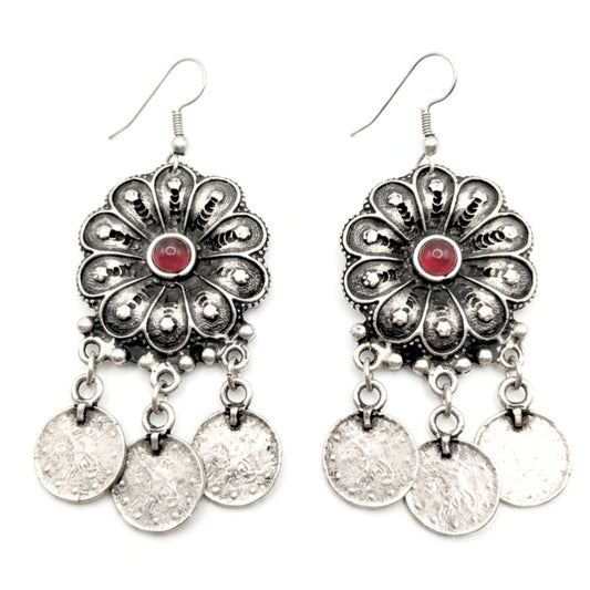 Pendientes de zamak mujer volumen hipoalergénico plateado aleación cierre hippie piedra roja diseño joyería osnor moda moderno elegante boda fiesta glamour lujo exclusivo único mujer monedas colgante 