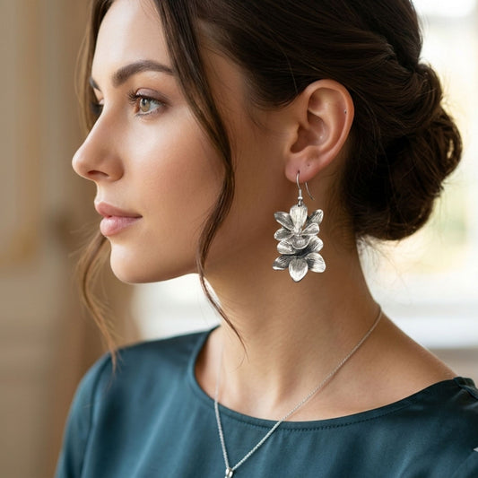 Pendientes Zamak Flor Volumen Hipoalergénicos Plateados | Joyería Osnor