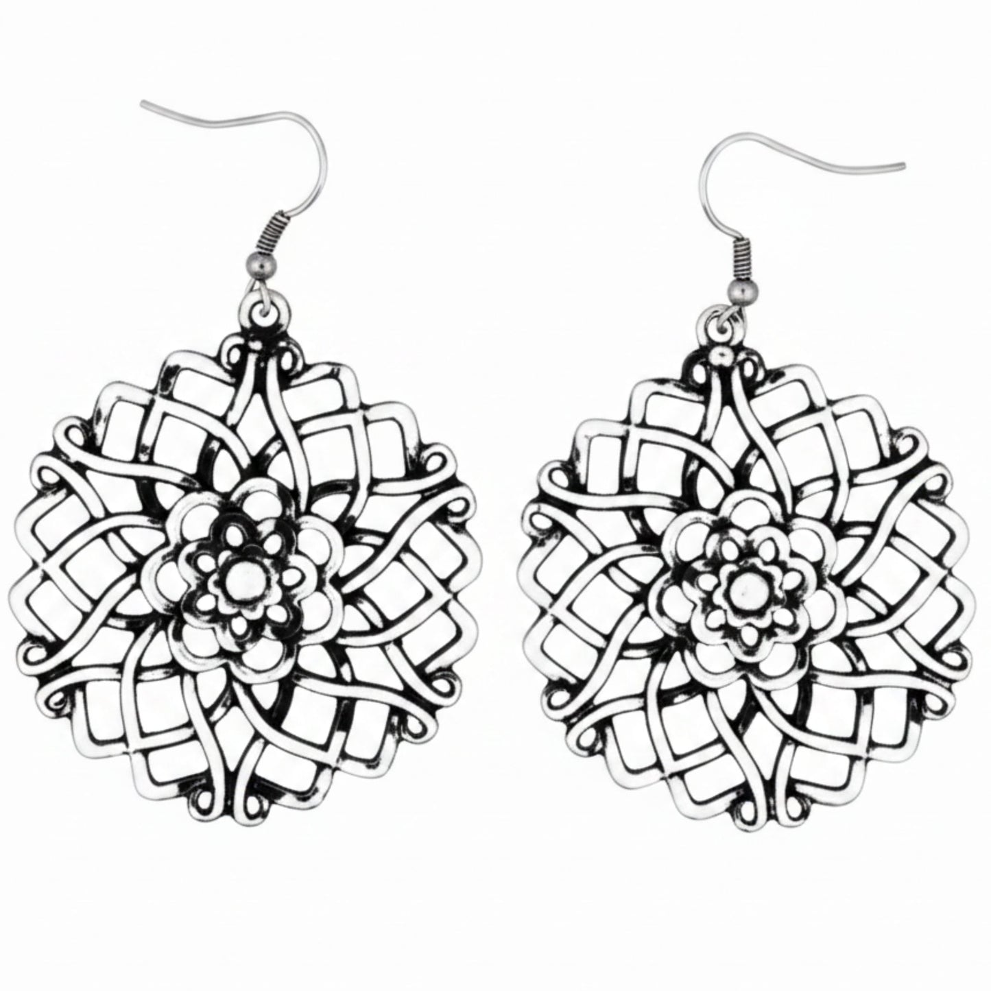 Pendientes Zamak Mandala Calados Diseño Floral Étnico Hipoalergénicos. Joyeria Osnor