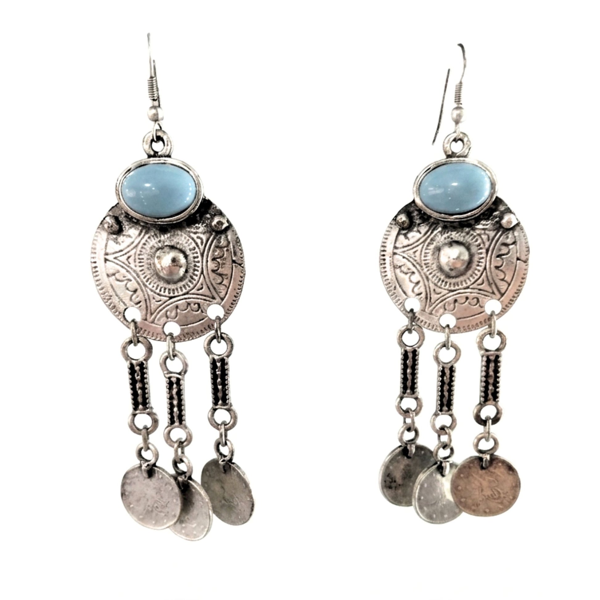 Pendientes de zamak mujer volumen hipoalergénico plateado aleación cierre hippie piedra azul diseño joyería osnor moda moderno elegante boda fiesta fashion glamour lujo exclusivo único 