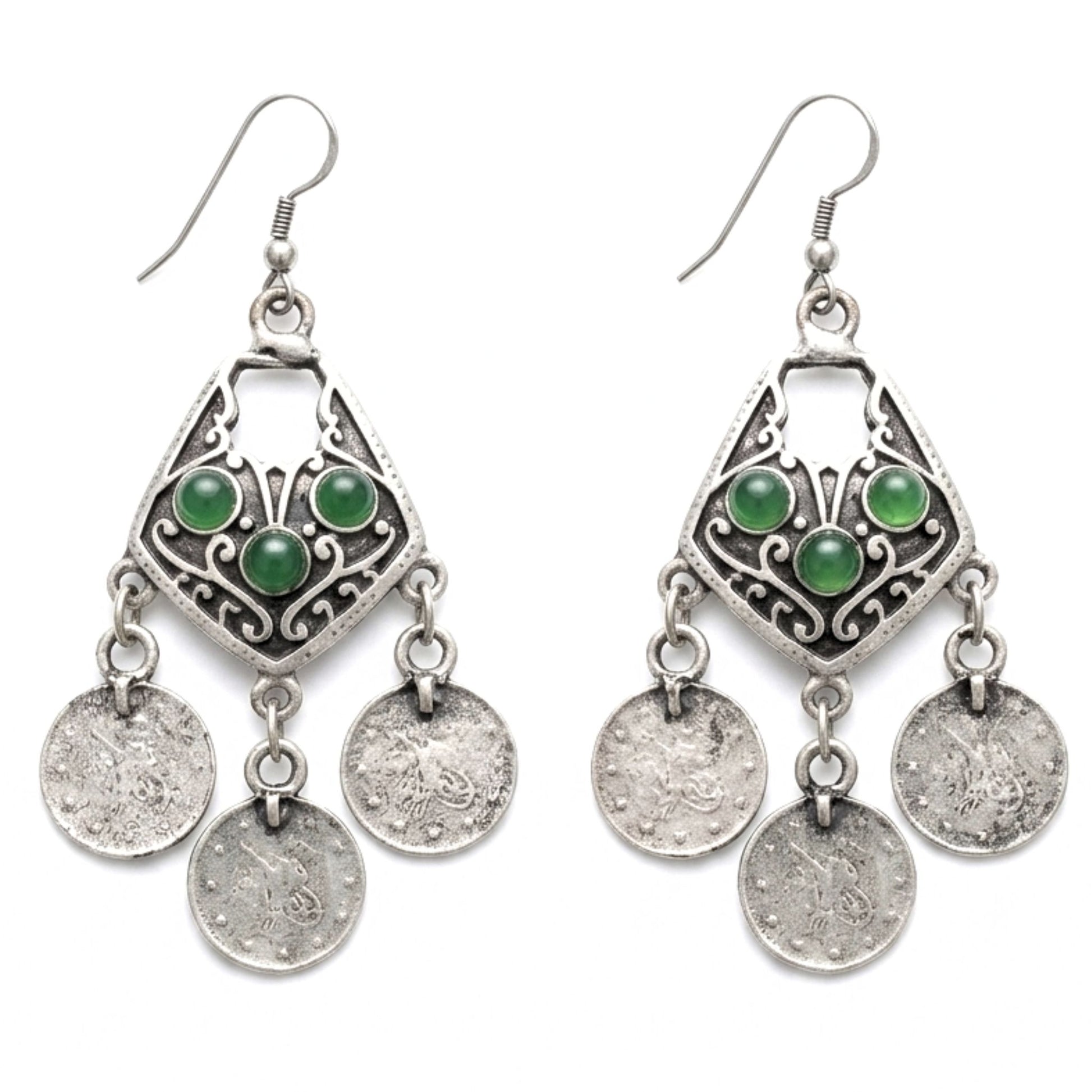 Pendientes de zamak mujer volumen hipoalergénico plateado aleación cierre hippie piedra verde diseño joyería osnor moda moderno elegante boda fiesta glamour lujo mujer diferente exclusivo vintage único arte escultura artesanía 