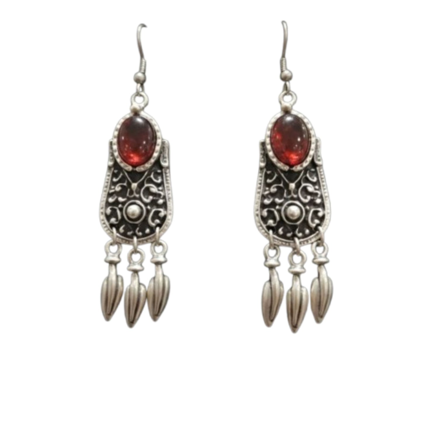 Pendientes Étnicos de Zamak con Circonita Roja y Flecos - Estilo Boho. Joyeria Osnor
