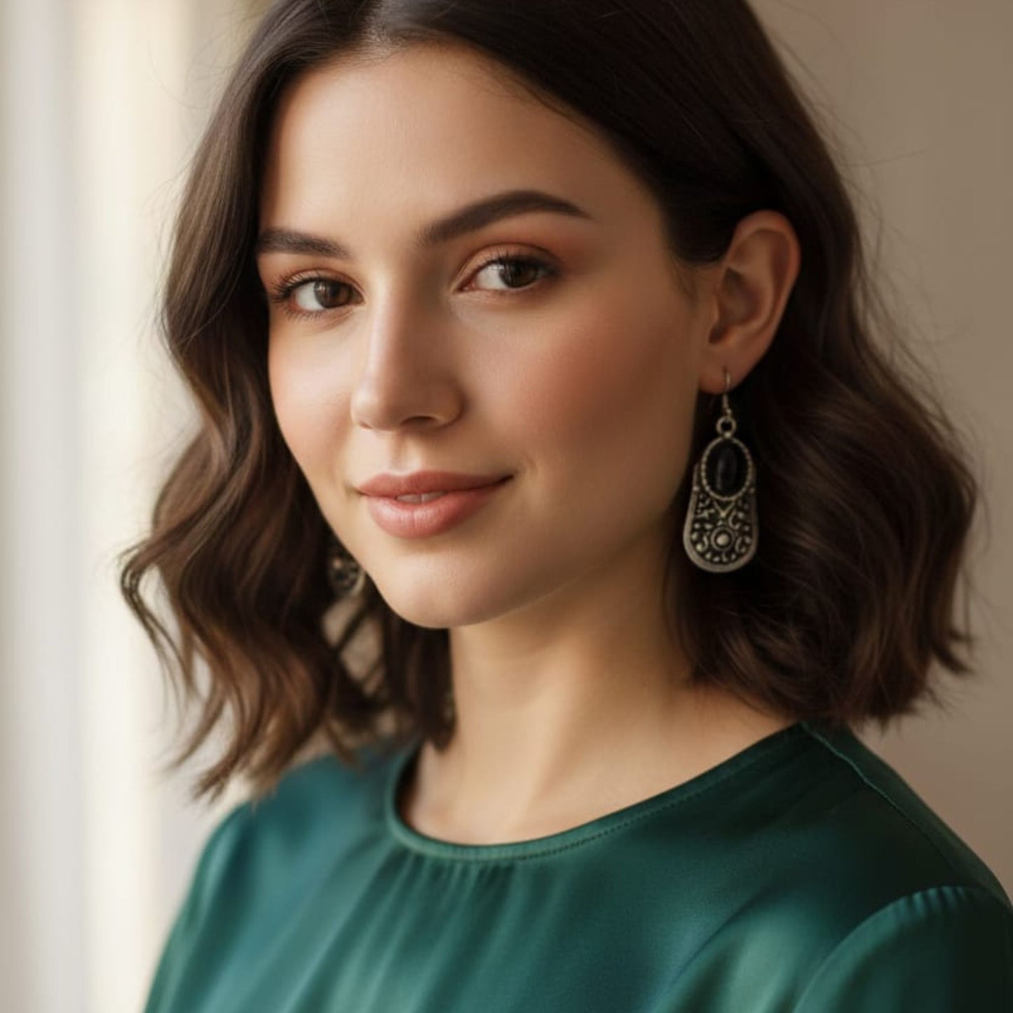 Pendientes de Zamak hipoalergénicos con piedra negra, modelo luciendolo. 