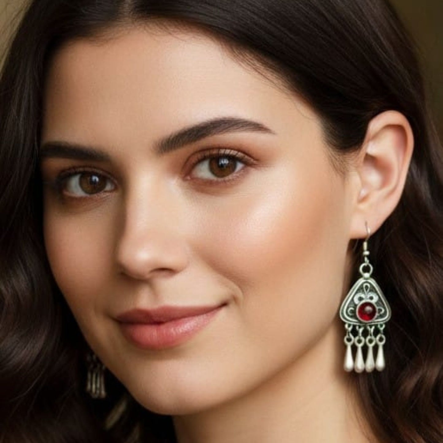 pendientes zamak hipoalergénico circonita  roja y flecos colgantes cierre hippie -Joyería Osnor -

