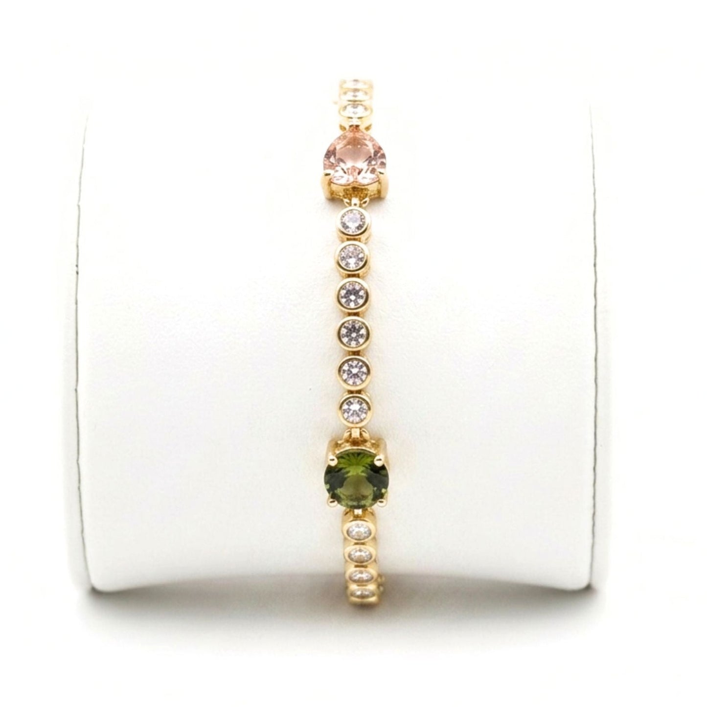 Pulsera acero inoxidable dorado chapado oro 14ktes circonitas blancas y color engastadas joyería osnor moda 